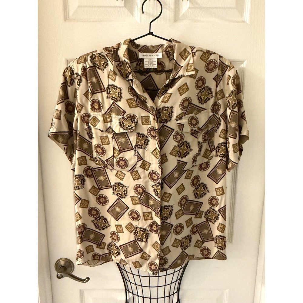 Vintage Jones New York Scarf Print Short Sleeve Button Blouse Size 14